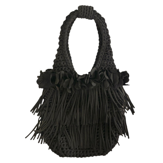 CROCHETED DOUBLE FRINGE FLOWER TOTE • black