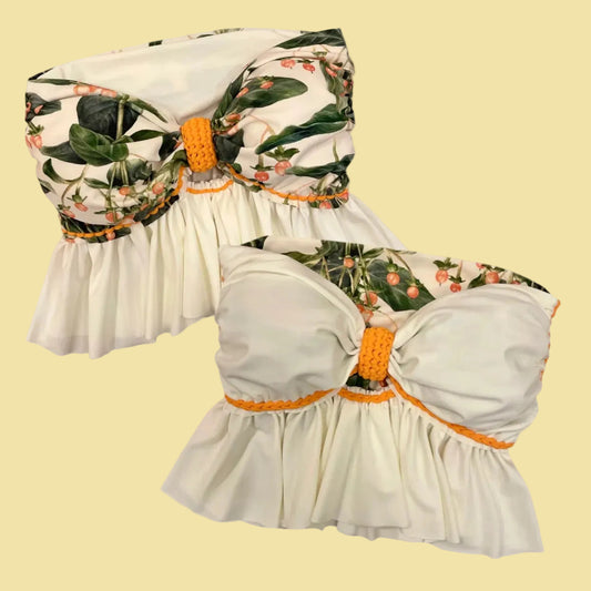 REVERSIBLE CROCHETED RUFFLE BOW TUBE TOP • botanical print