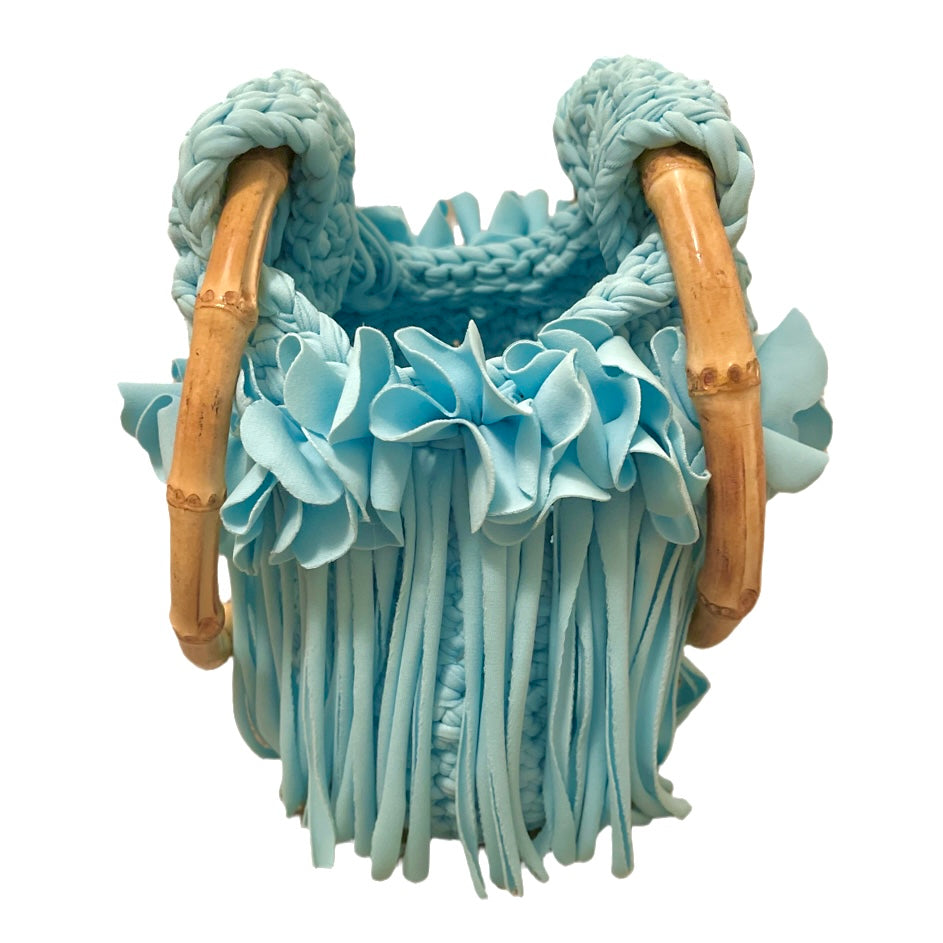 CROCHETED MINI FLOWER FRINGE WRISTLET WITH BAMBOO HANDLES • aqua