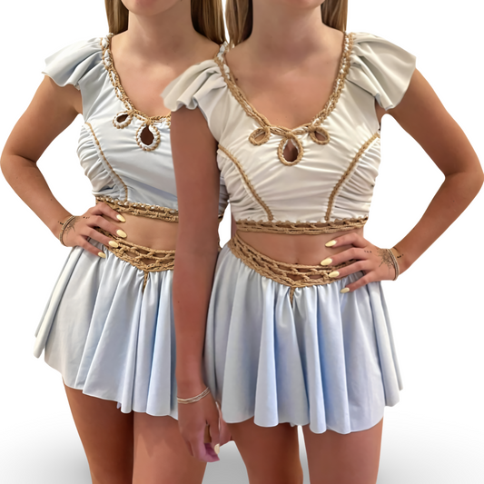 TWO PIECE SET rodeo flutter sleeve top and mini shorts • white and sky