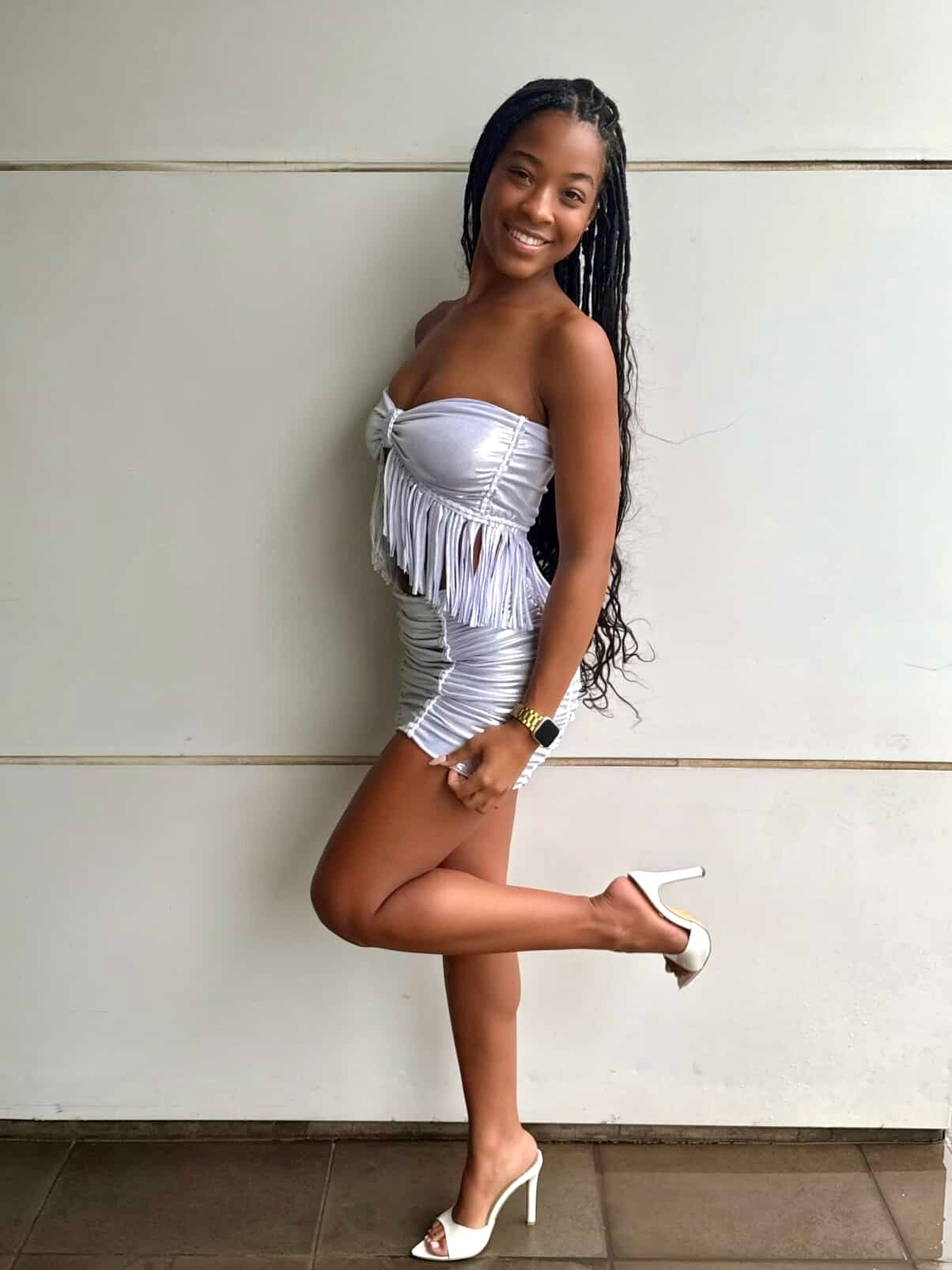 TWO PIECE SET fringe bow top and pencil mini skirt • metallic silver and gold