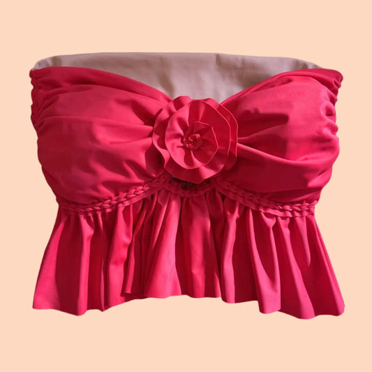 REVERSIBLE CROCHETED RUFFLE ROSE TUBE TOP • red and blush