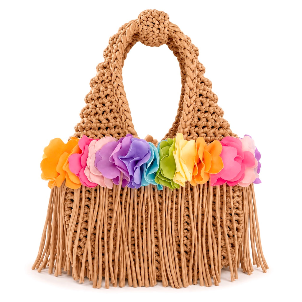 Handmade hazelnut tan brown crochet mini bag with rainbow color flowers and fringe. 