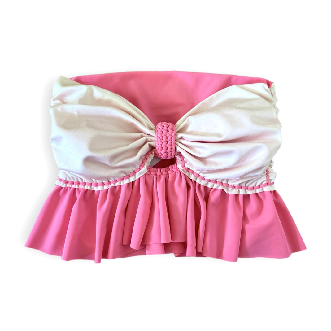 REVERSIBLE CROCHETED RUFFLE BOW TUBE TOP • coral and pink