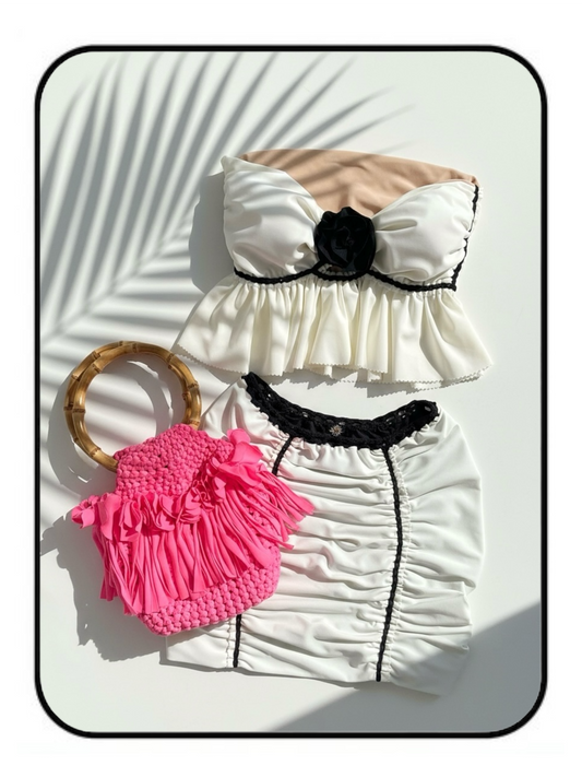 TWO PIECE SET ruffle rose top and pencil mini skirt • cream and black