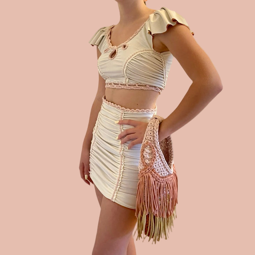 CROCHETED DOUBLE FRINGE RODEO TOTE • copper gold and blush