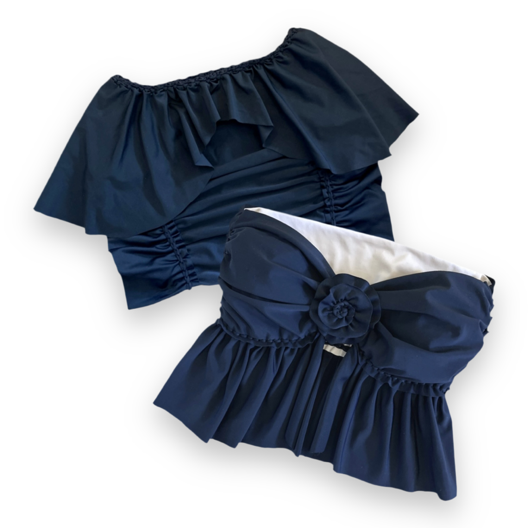 TWO PIECE SET split ruffle rose top and peplum mini skirt • black and clay