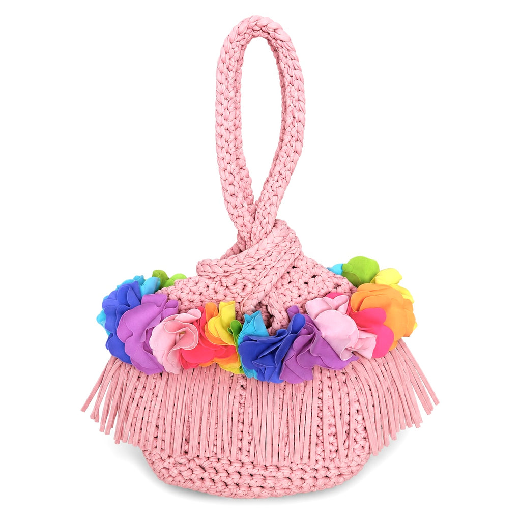 Handmade petal light pink crochet rainbow flower fringe mini swing bag. 