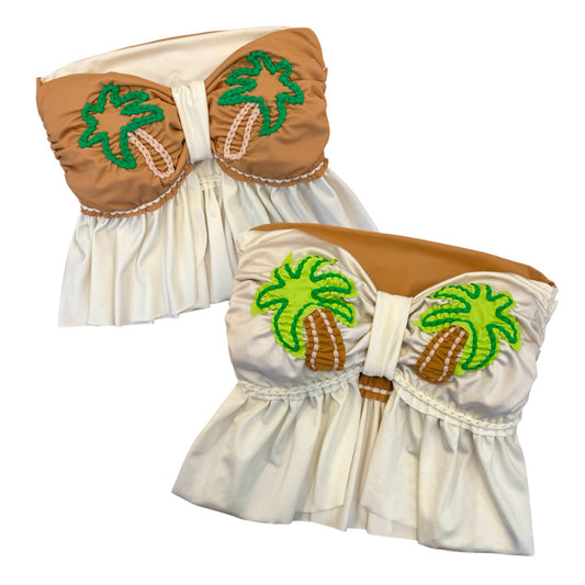 REVERSIBLE CROCHETED SPLIT RUFFLE COCO TOP • cream and leather