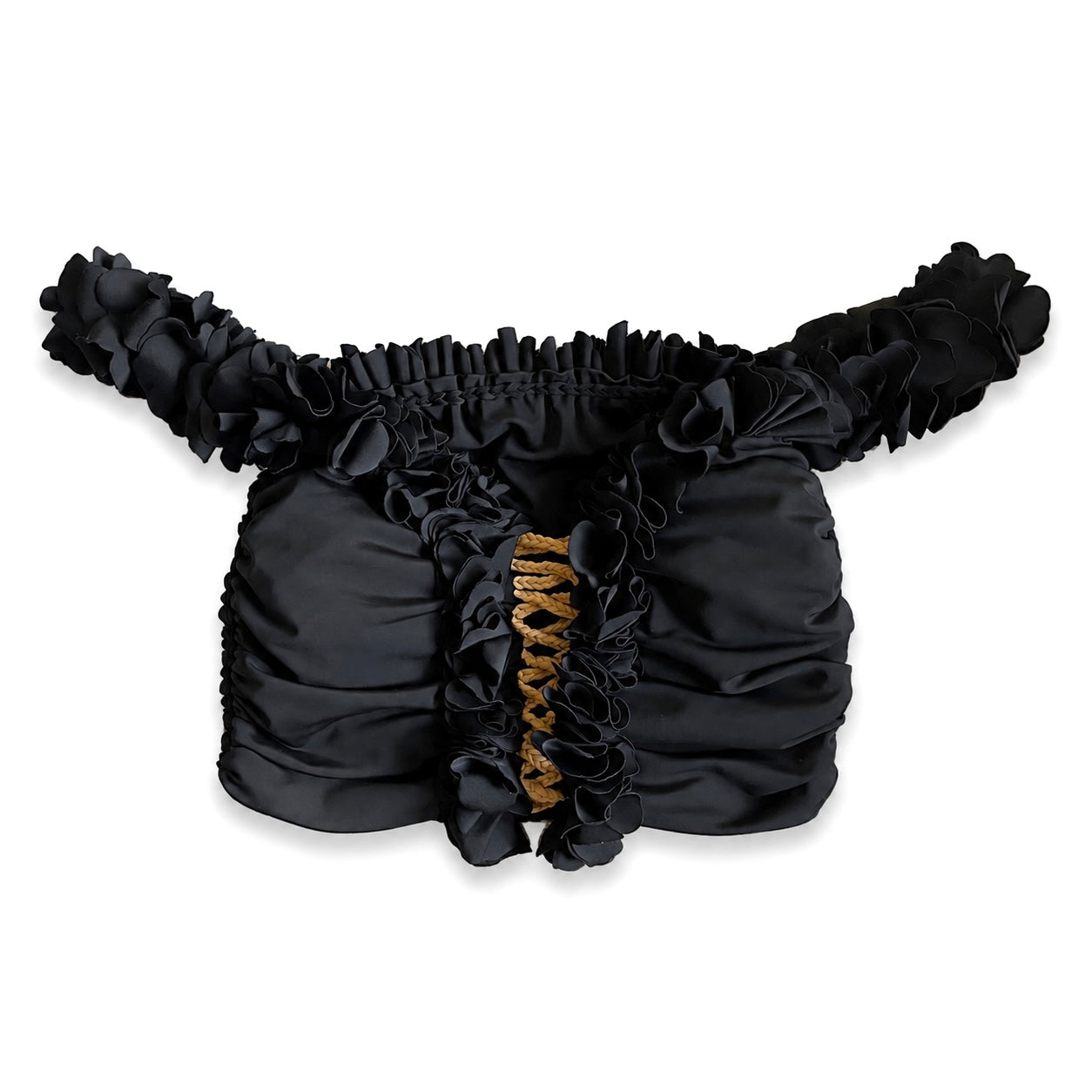 Handmade onyx black flower lei off-the-shoulder top with open lace up center detail.