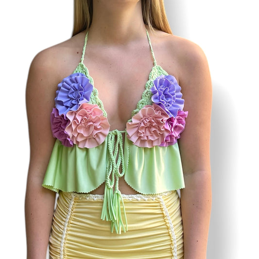 SPLIT RUFFLE FLOWER TRIANGLE TOP • multi mint