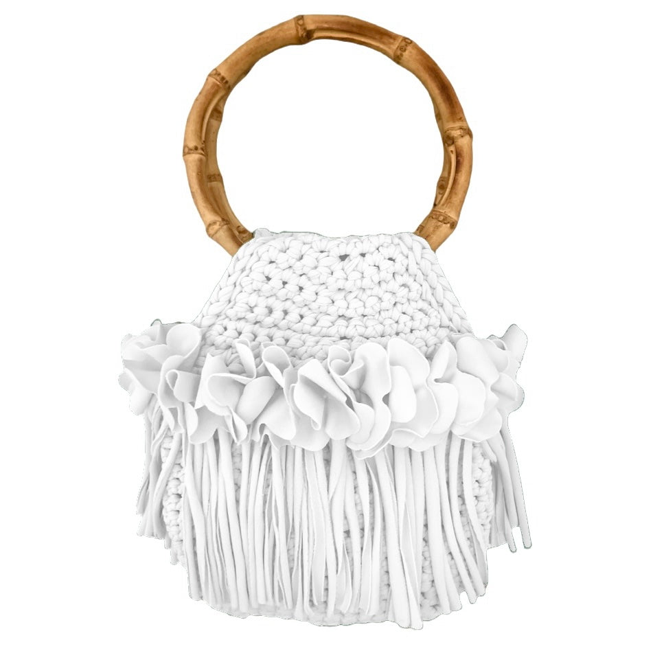 CROCHETED MINI FLOWER FRINGE WRISTLET WITH BAMBOO HANDLES • black or white