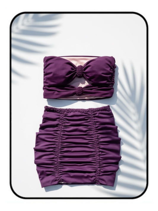 TWO PIECE SET 2 bow tube top and pencil mini skirt • pink and plum