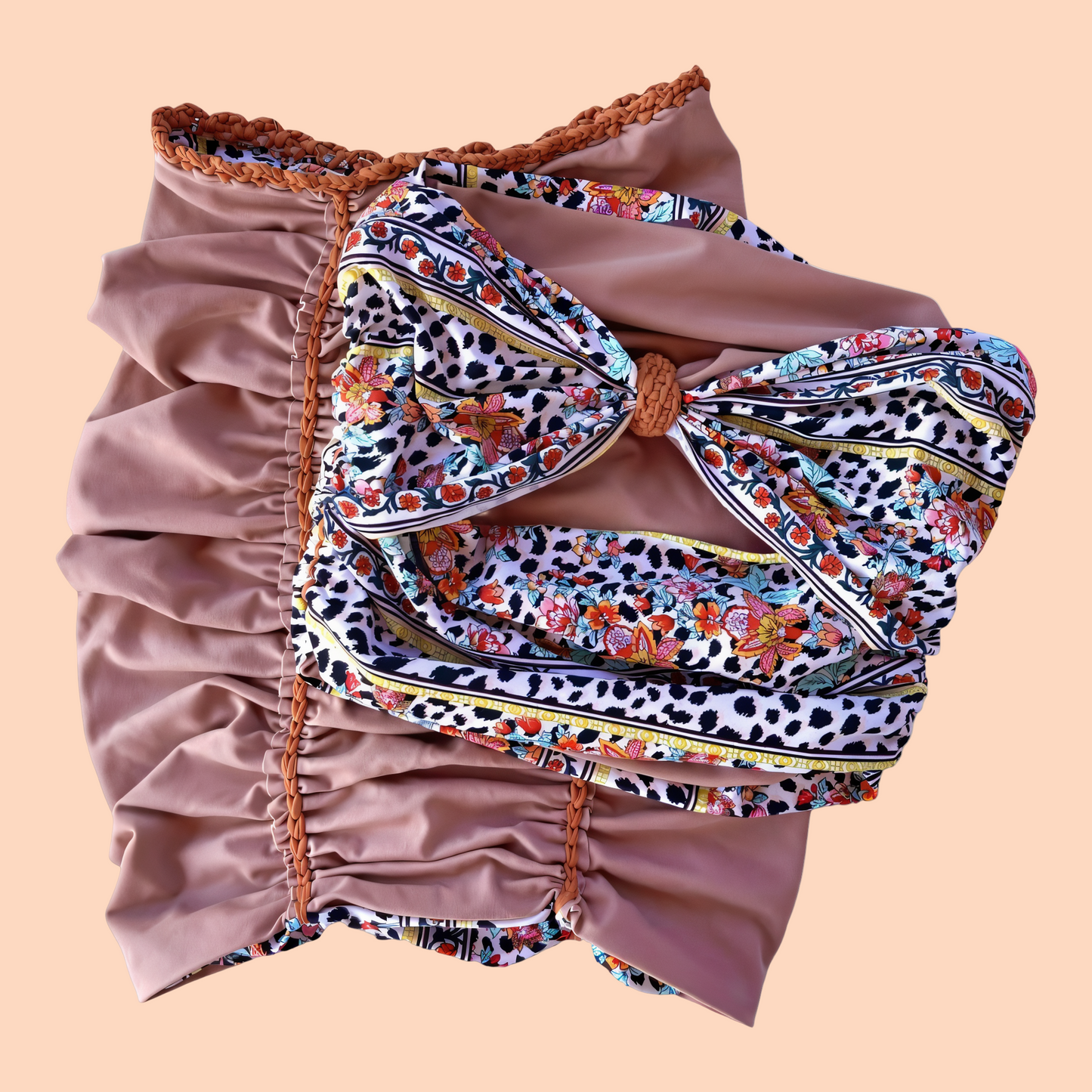 TWO PIECE SET • bow tie tube top and pencil mini skirt • rose and animal print with copper cord