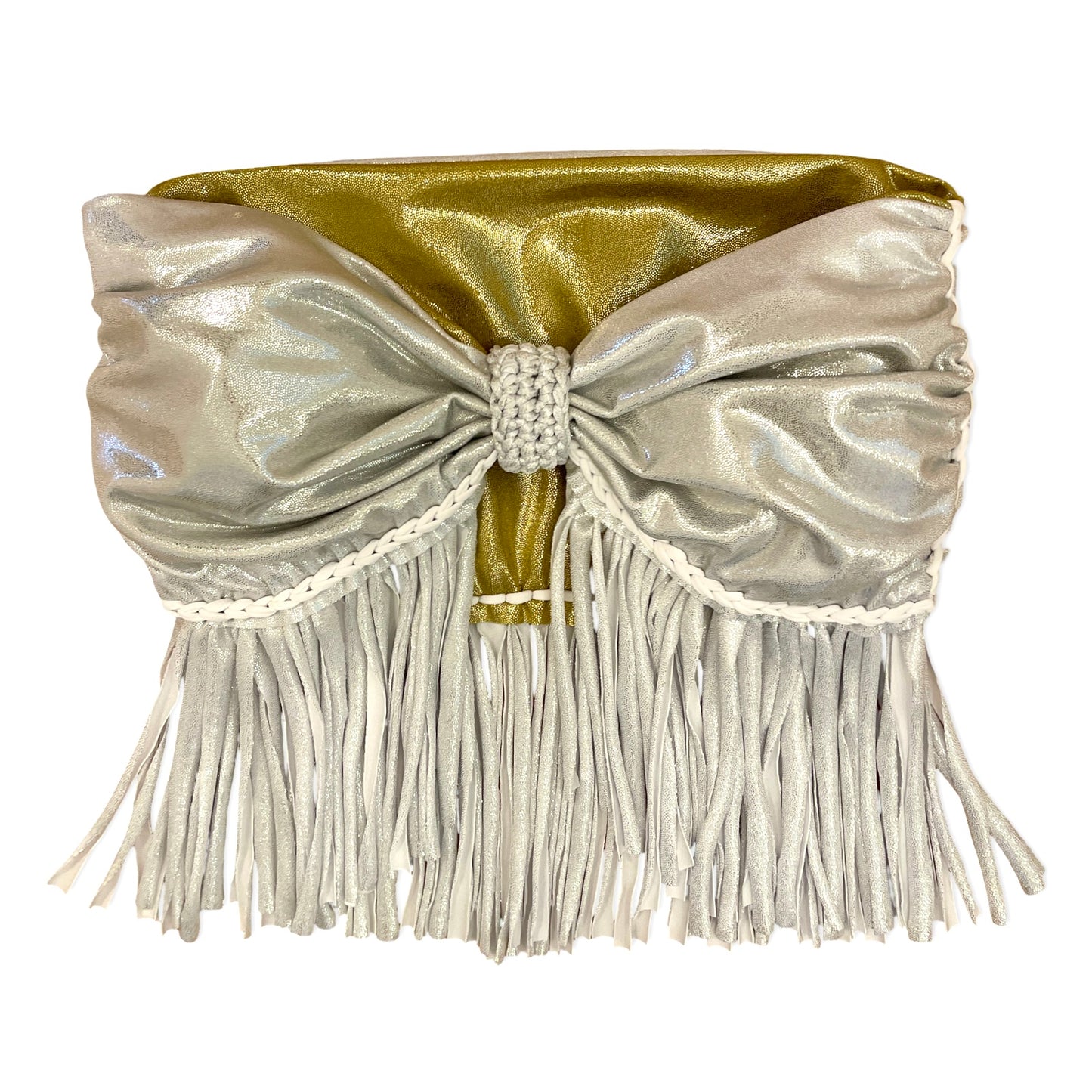 TWO PIECE SET fringe bow top and pencil mini skirt • metallic silver and gold