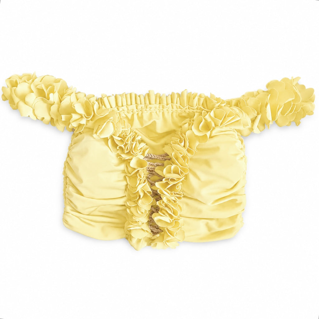Handmade daffodil light yellow flower lei off-the-shoulder top with open lace up center detail.