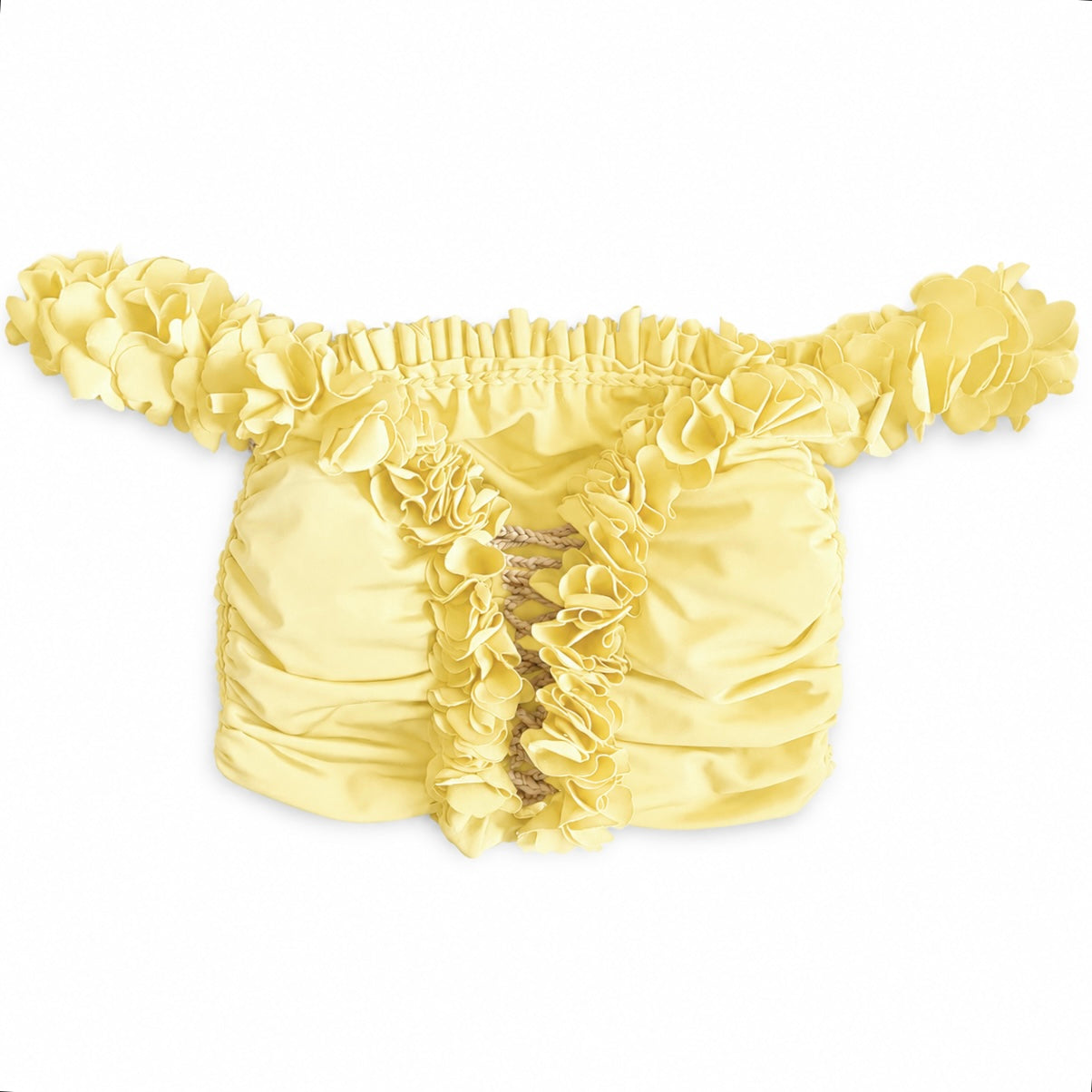 Handmade daffodil light yellow flower lei off-the-shoulder top with open lace up center detail.