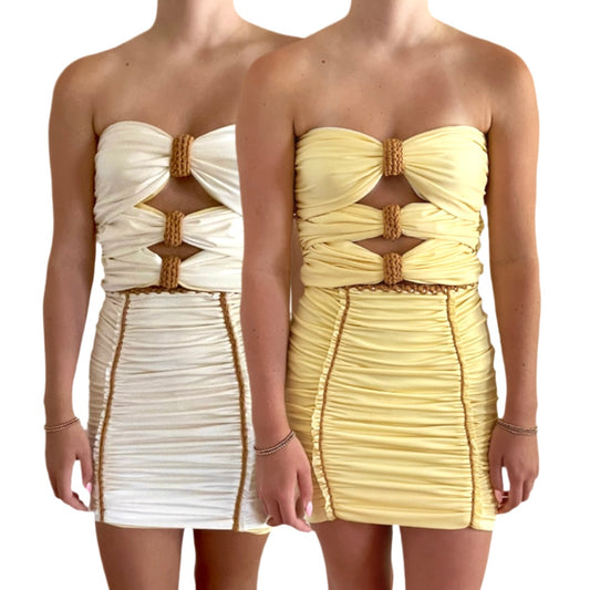 TWO PIECE SET 3 bow tube top and pencil mini skirt • yellow and cream with leather cord