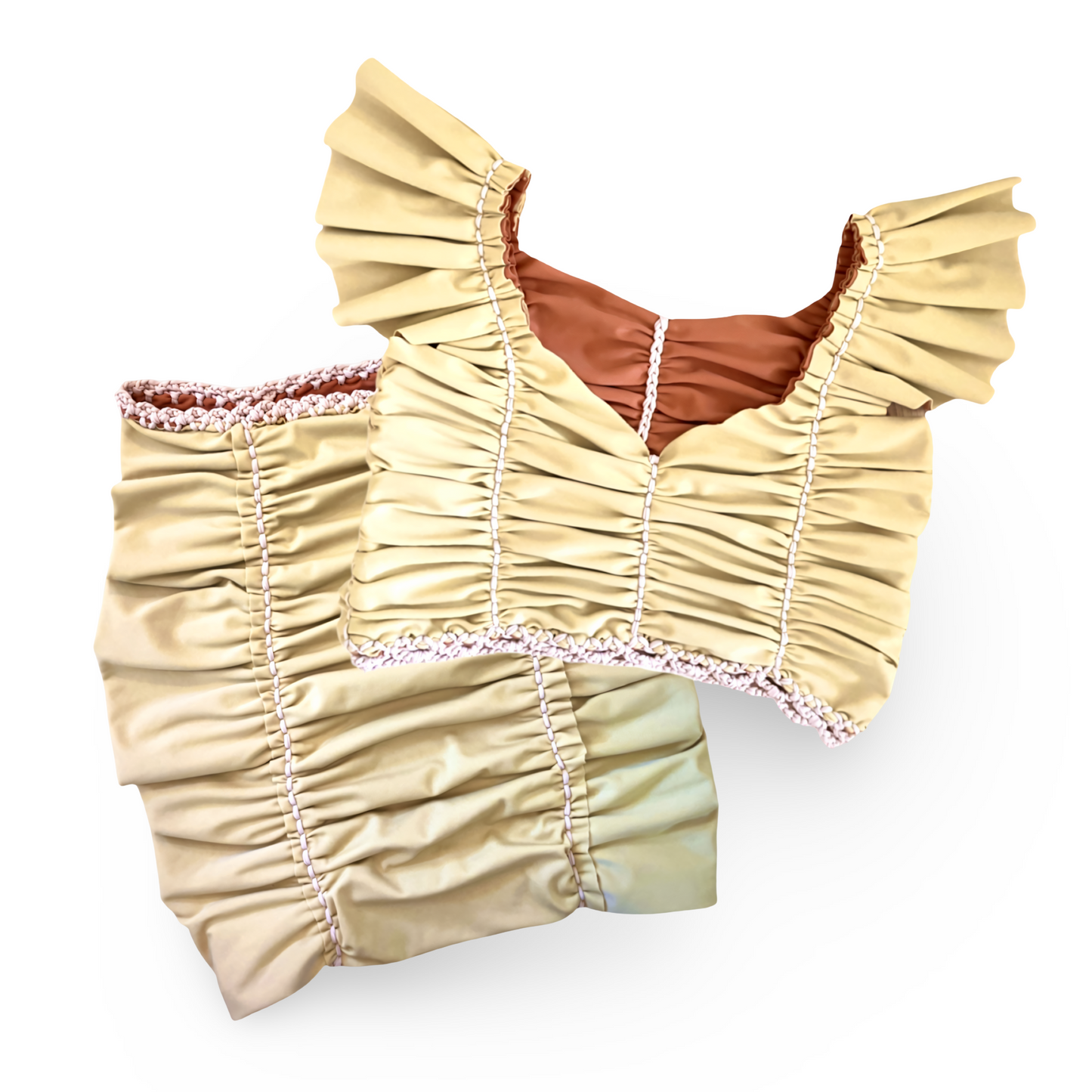 TWO PIECE SET flutter sleeve top and pencil mini skirt • copper and gold with clay cord