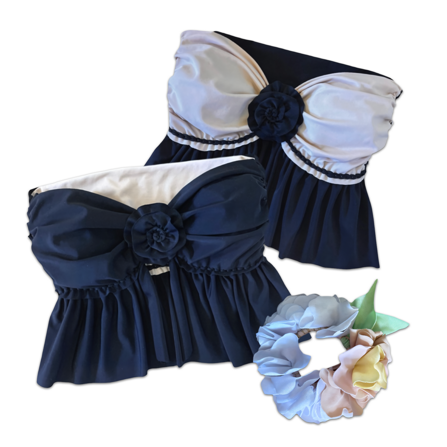 TWO PIECE SET split ruffle rose top and peplum mini skirt • black and clay