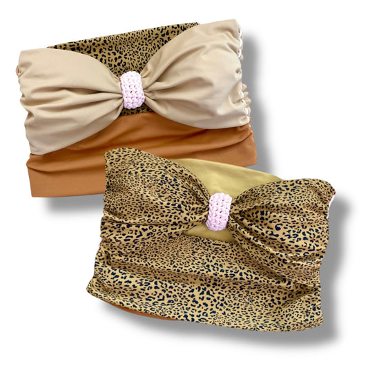 REVERSIBLE BOW TUBE TOP • cheetah print with pink cord
