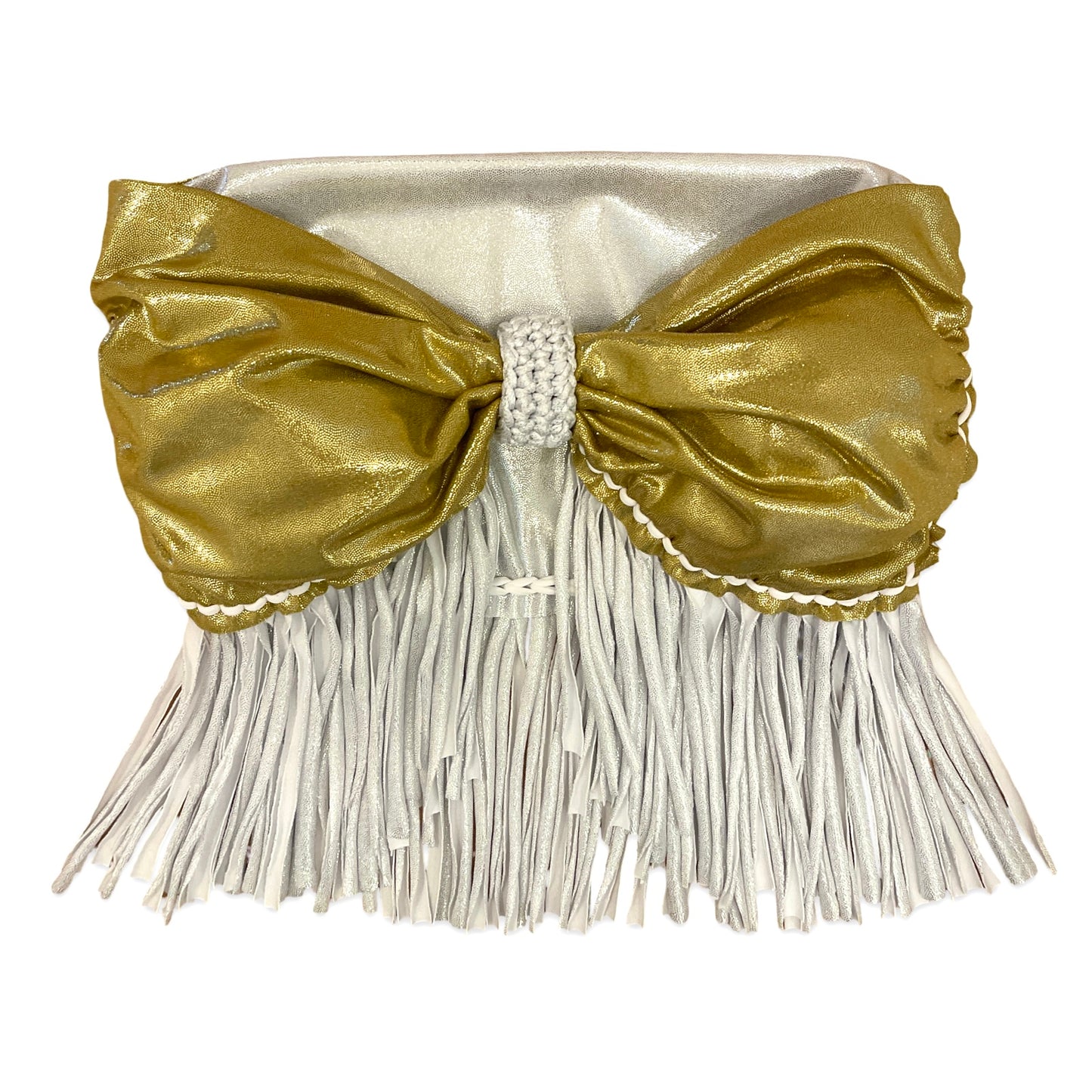 TWO PIECE SET fringe bow top and pencil mini skirt • metallic silver and gold