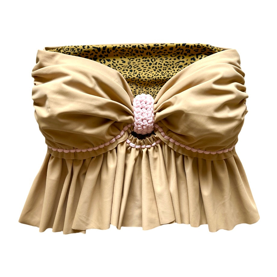 REVERSIBLE CROCHETED RUFFLE BOW TUBE TOP • cheetah print and sand with pink cord