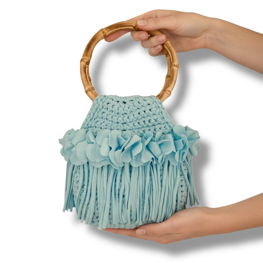 CROCHETED MINI FLOWER FRINGE WRISTLET WITH BAMBOO HANDLES • aqua