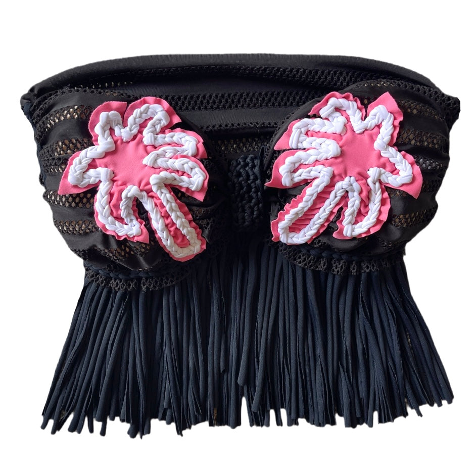 REVERSIBLE CROCHETED SPLIT FRINGE COCO TOP • black mesh