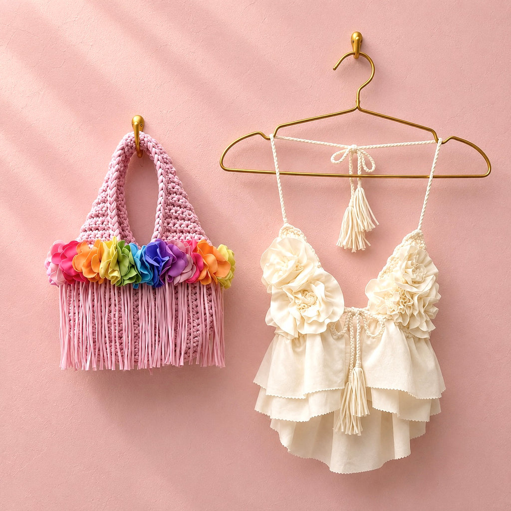 Handmade petal light pink crochet mini bag with rainbow color flowers and fringe – paired with magnolia cream rosette triangle top. 