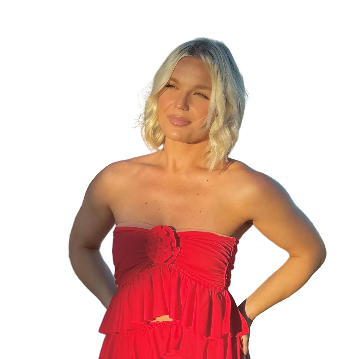 REVERSIBLE CROCHETED RUFFLE ROSE TUBE TOP • red and blush