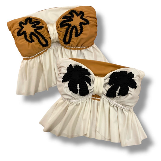 TOP COCO REVERSIBLE CON VOLANTES Y PARTIDOS DE GANCHILLO • blanco y cuero