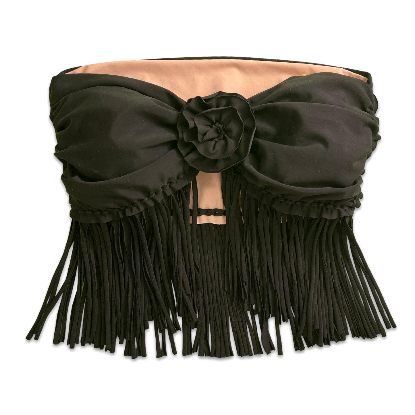 REVERSIBLE CROCHETED FRINGE ROSE TOP • black and clay