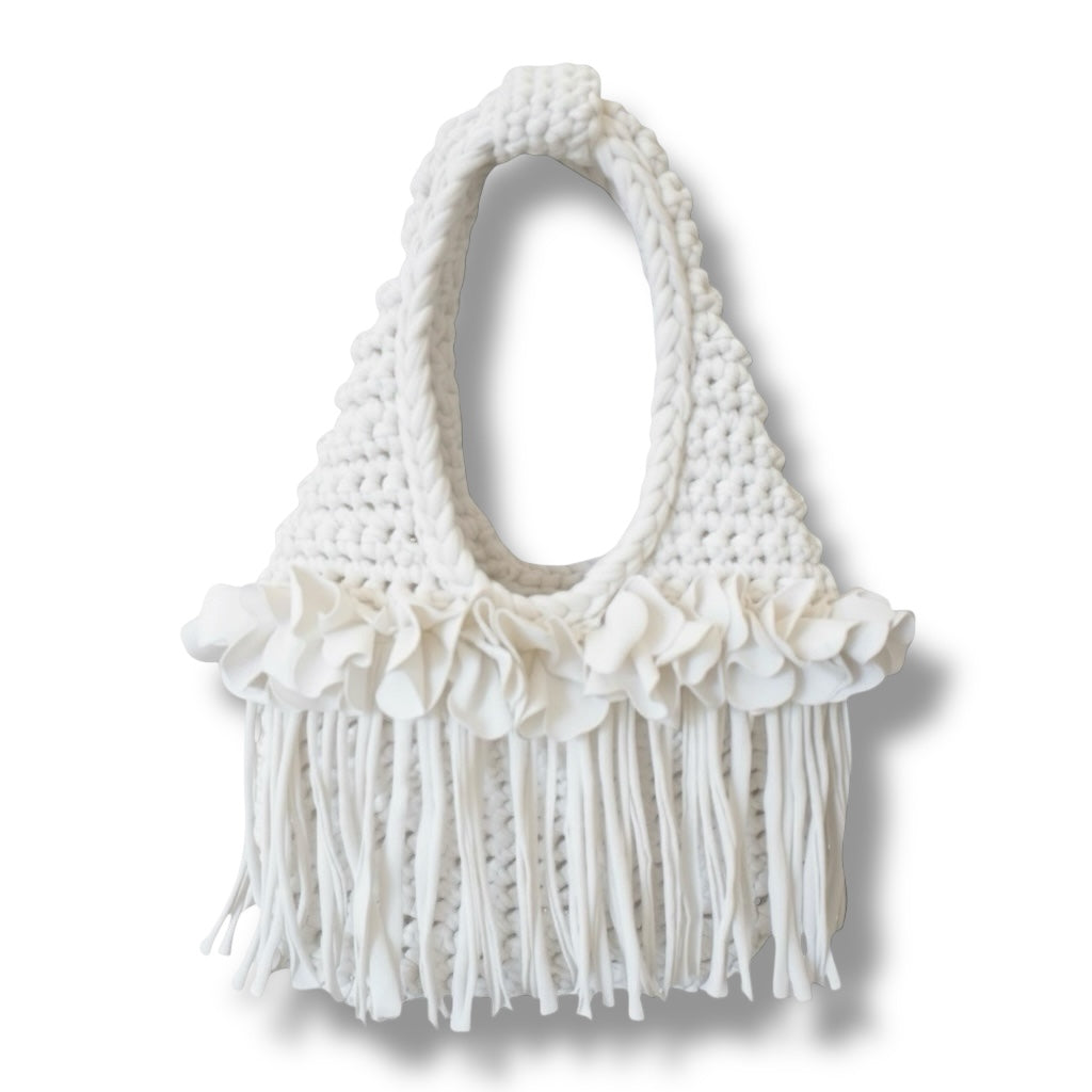 CROCHETED MINI FLOWER FRINGE WRISTLET • white