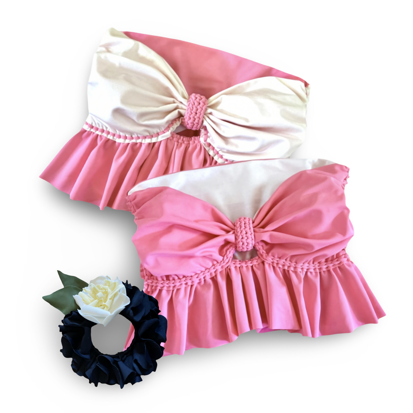 TWO PIECE SET ruffle bow top and peplum mini skirt • coral and light pink