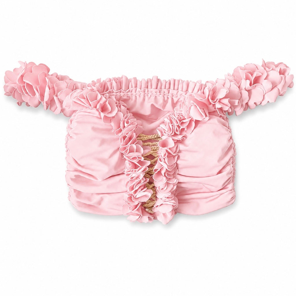 Handmade petal pink flower lei off-the-shoulder top with open lace up center detail.