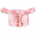 Handmade petal pink flower lei off-the-shoulder top with open lace up center detail.