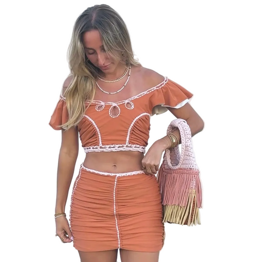 CROCHETED DOUBLE FRINGE RODEO TOTE • copper gold and blush