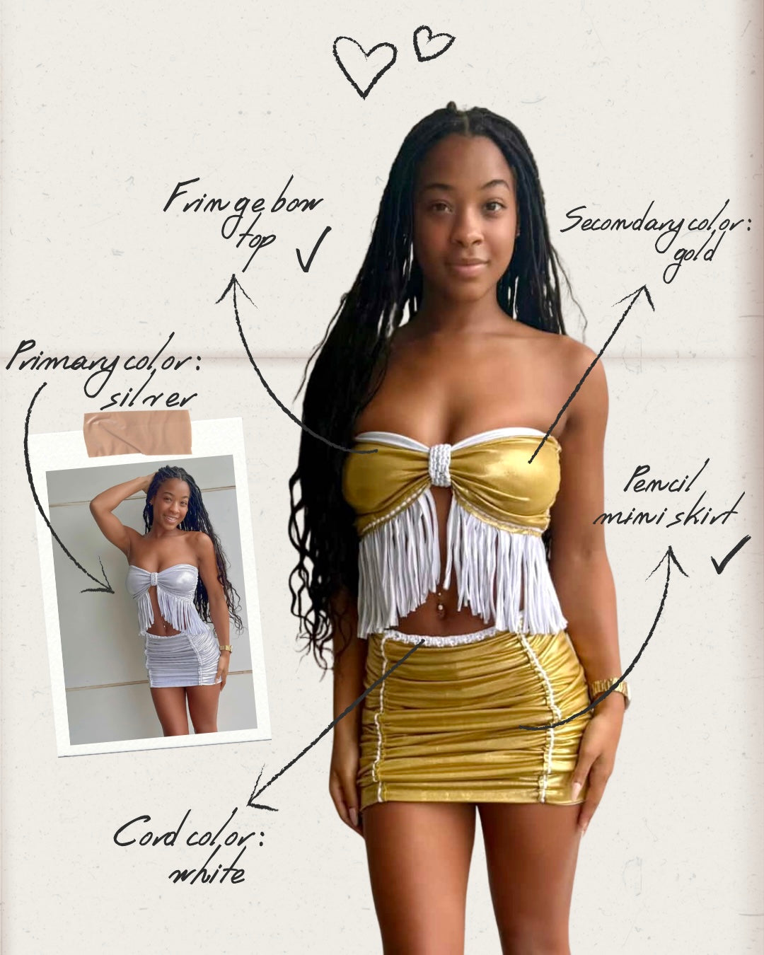 TWO PIECE SET fringe bow top and pencil mini skirt • metallic silver and gold