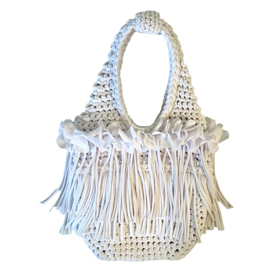 CROCHETED DOUBLE FRINGE FLOWER TOTE • white