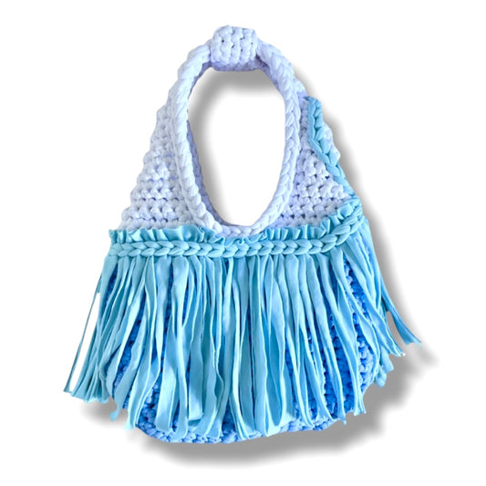 CROCHETED MINI FRINGE WRISTLET • blue and white