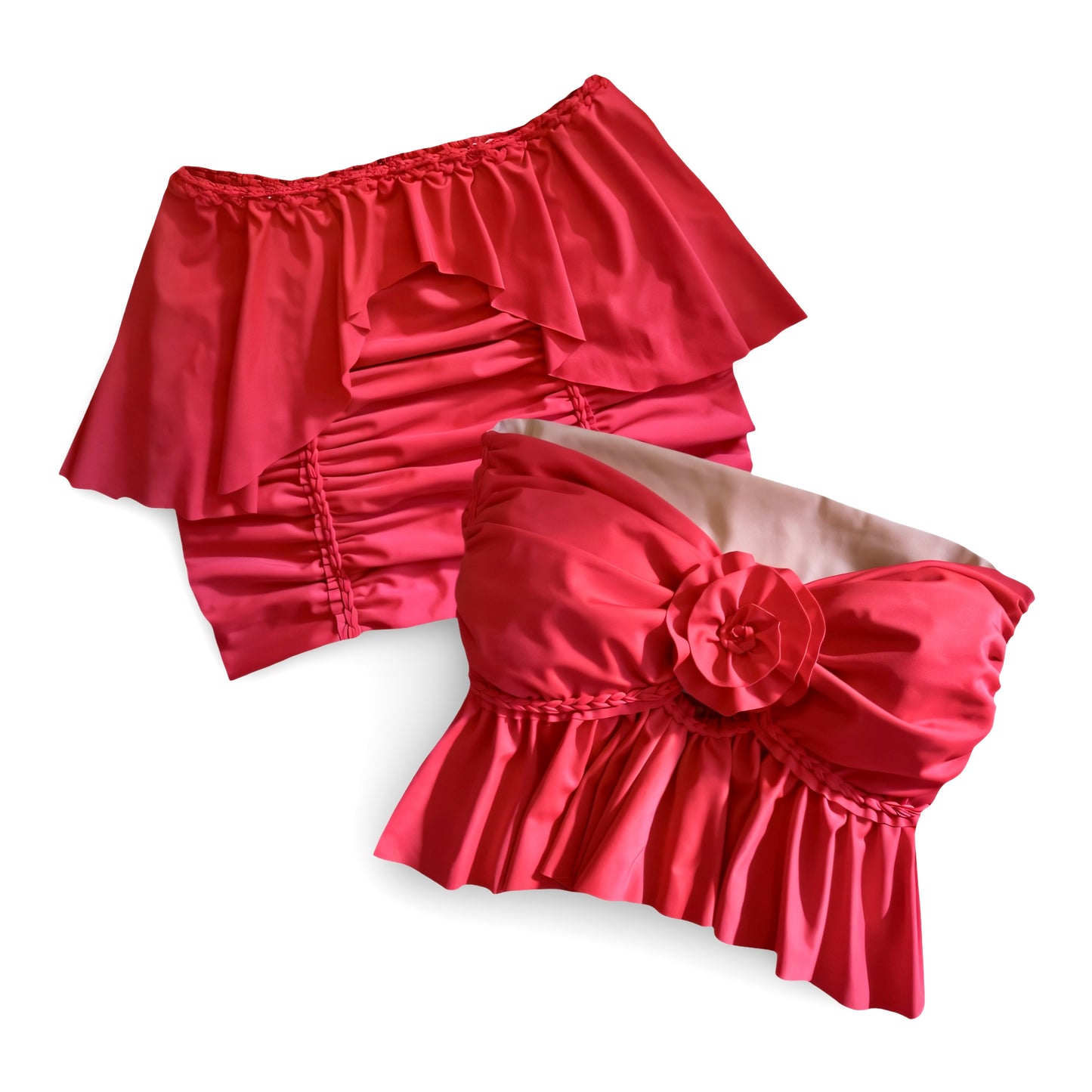 TWO PIECE SET ruffle rose top and peplum mini skirt • red and blush