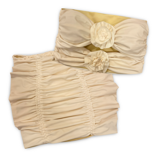 TWO PIECE SET double rose top and pencil mini skirt • cream and yellow