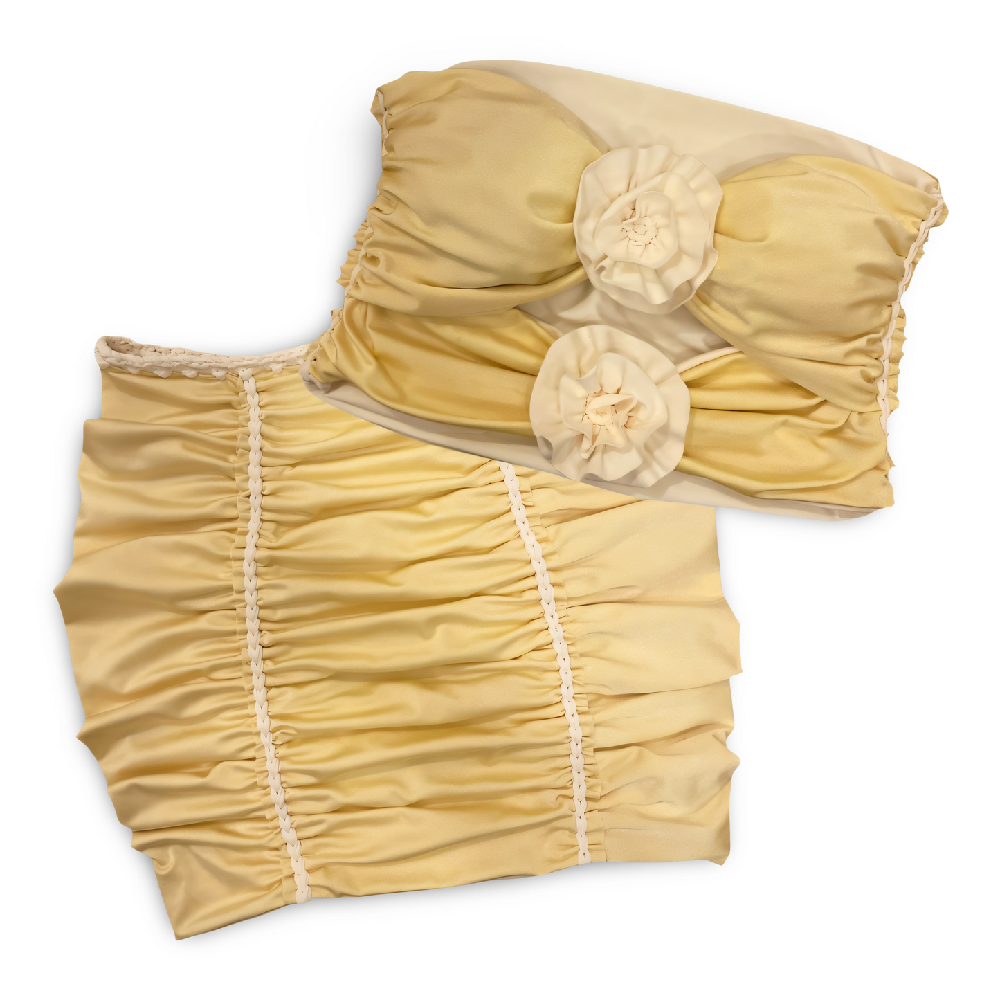 TWO PIECE SET double rose top and pencil mini skirt • cream and yellow