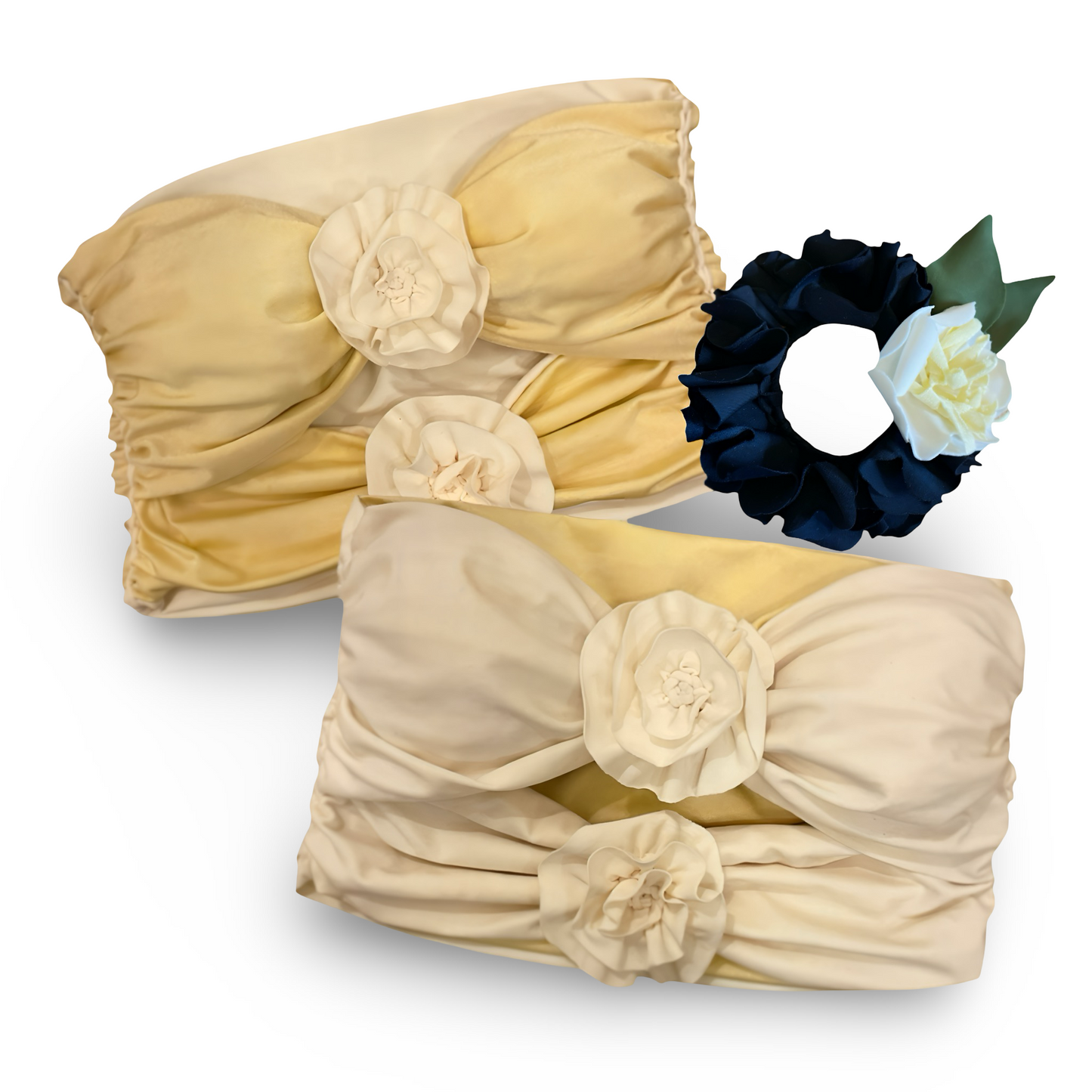 TWO PIECE SET double rose top and pencil mini skirt • cream and yellow