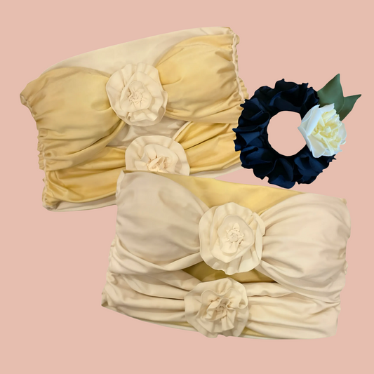 REVERSIBLE CROCHETED DOUBLE ROSE TUBE TOP • cream and yellow