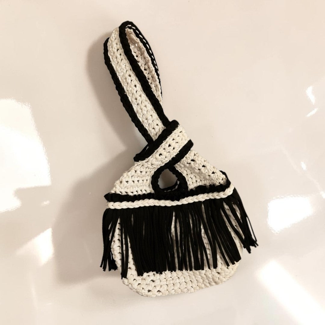 CROCHETED MINI FRINGE KNOT WRISTLET • black and white