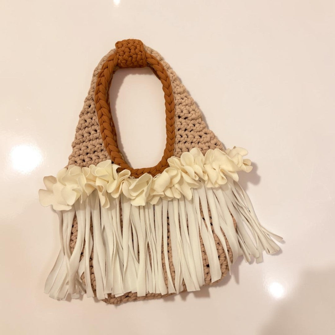 CROCHETED MINI FLOWER FRINGE WRISTLET • cream and copper
