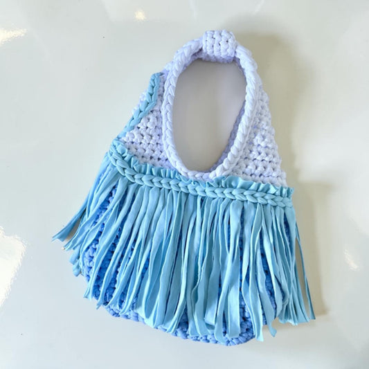 CROCHETED MINI FRINGE WRISTLET • blue and white