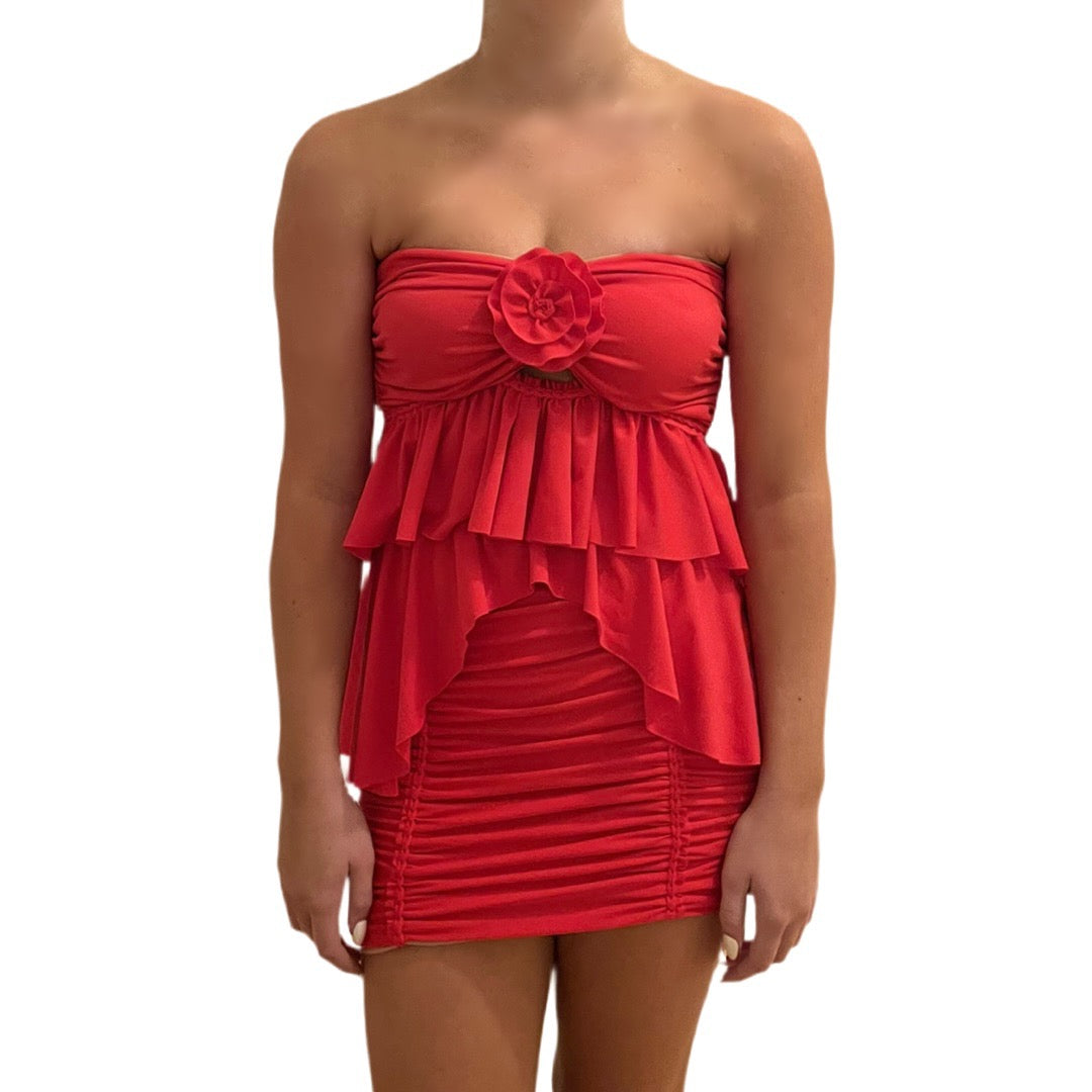 TWO PIECE SET ruffle rose top and peplum mini skirt • red and blush